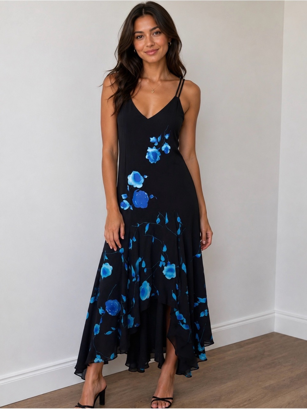 Joseph Ribkoff Couture Black Asymmetrical Dress with Blue Floral Print